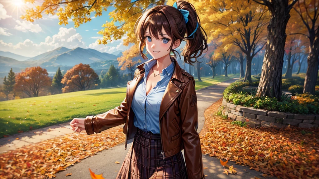 1girl, solo, trees, sun, clouds, autumn, colorful trees, falling leaves, ((brown hair)), ponytail, large breasts, ((brown leather jacket)), button down shirt, ((blue checked shirt)), ((unbuttoned shirt)), unbuttoning buttons, cleavage 1:3, blue eyes, long skirt, brown boots, smile, happy, looking at the viewer, walking, hair ribbon, golden necklate