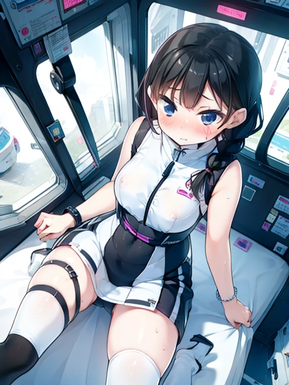 (Highest quality), (masterpiece), 1080P, High resolution, 4K, 8k, Inside the space station、Futuristic room、Thigh straps, Shooting from directly below, The woman on top of me, Nipples, 白いSweat, Covered , Sweat, Woman looking down, Skirt swimsuit, Thigh-high socks, To achieve this, , , whole body, Black leather shoes, Braided hair, Inner Color, Embarrassed face, Short black hair, bracelet, Bedroom,celestial body_Vest