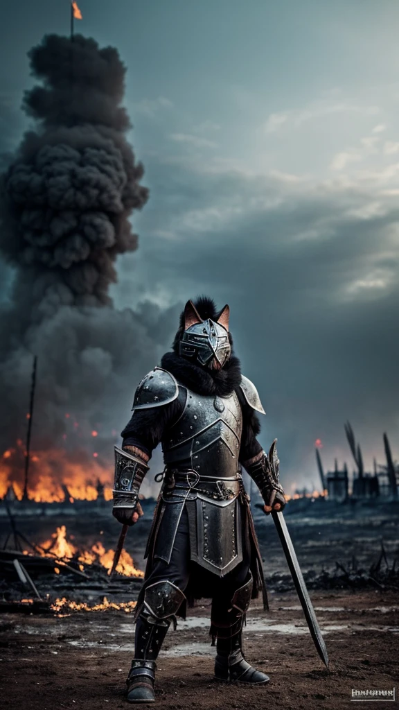 Berserker cat wearing a black iron armor and a crown, in a burnt battlefield