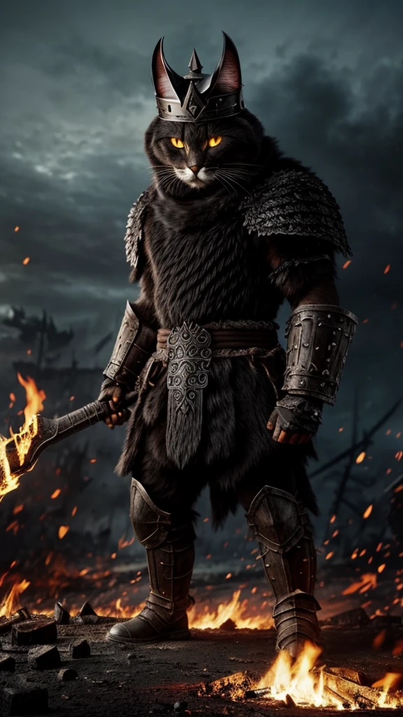 Berserker cat wearing a black iron armor and a crown, in a burnt battlefield