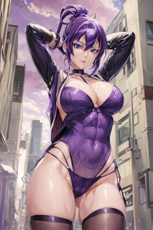 a beautiful detailed portrait of Busujima Saeko from Highschool of the Dead, long purple hair, piercing blue eyes, elegant facial features, serious expression, wearing a school uniform, intricate details, cinematic lighting, photorealistic, 8k, highly detailed, masterpiece