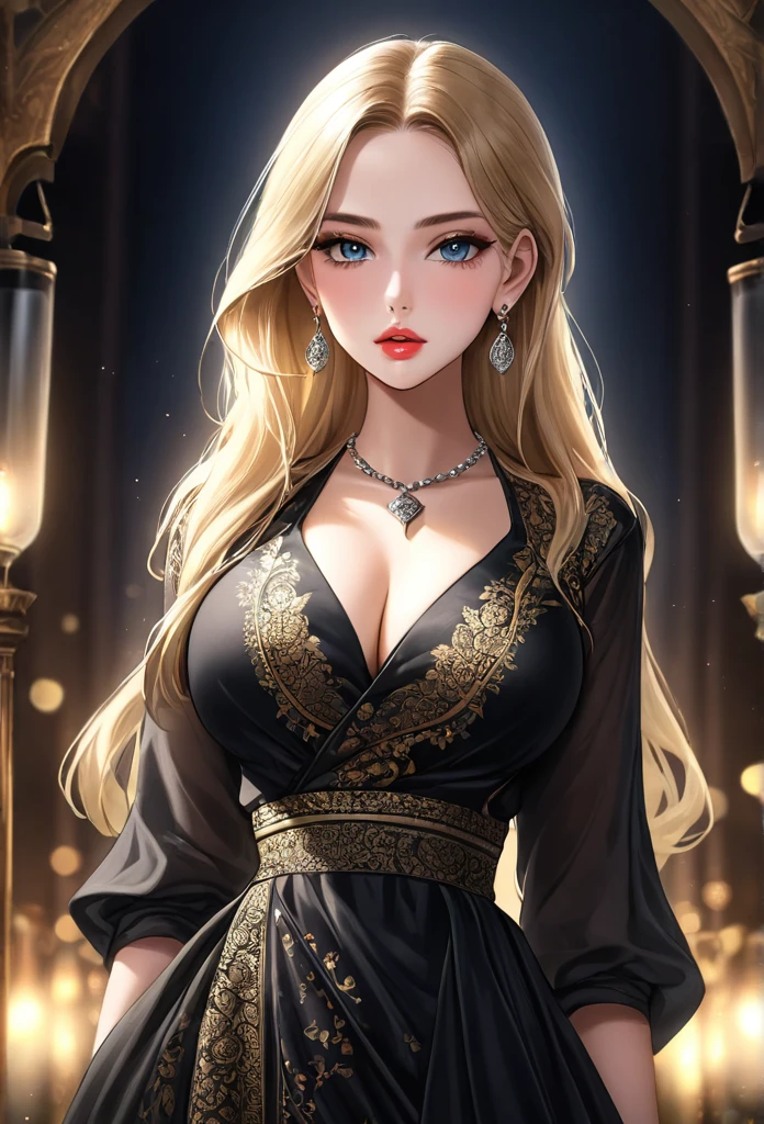 A beautiful young woman, 1girl, hourglass figure, seductive pose, printed design black traditional blouse and long skirt, silky blunt blonde hair, heavy silver jhumka earrings, necklace ,cleavage, detailed face with stunning eyes, full lips, flawless makeup, dark cinematic lighting, dramatic photorealistic effect, masterpiece-level 8K rendering, ultra-detailed, realistic, photo-realistic, HDR, UHD, studio lighting, ultra-fine painting, sharp focus, physically-based rendering, extreme detail description, professional, vivid colors, bokeh