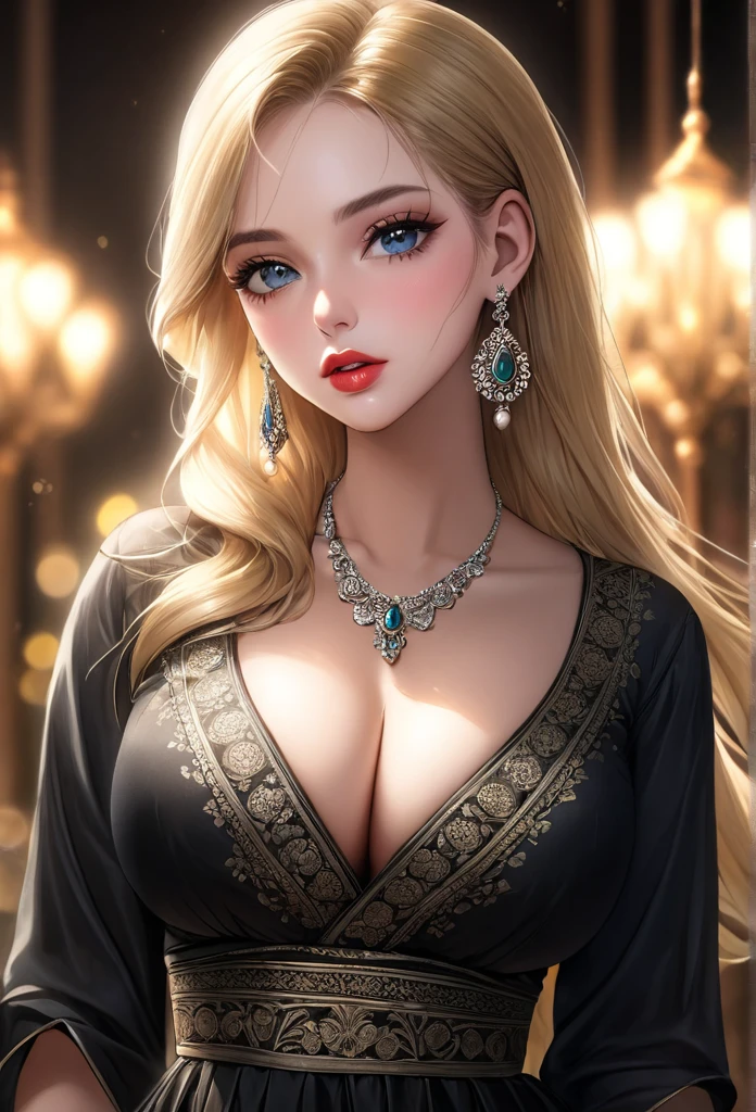 A beautiful young woman, 1girl, hourglass figure, seductive pose, printed design black traditional blouse and long skirt, silky blunt blonde hair, heavy silver jhumka earrings, necklace ,, detailed face with stunning eyes, full lips, flawless makeup, dark cinematic lighting, dramatic photorealistic effect, masterpiece-level 8K rendering, ultra-detailed, realistic, photo-realistic, HDR, UHD, studio lighting, ultra-fine painting, sharp focus, physically-based rendering, extreme detail description, professional, vivid colors, bokeh