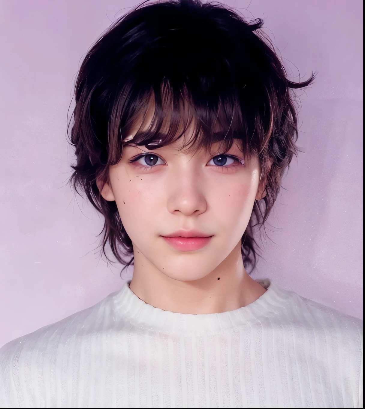 a cute young boy fem, beautiful detailed eyes, beautiful detailed lips, extremely detailed face, longeyelashes, cute smile, messy brown hair, cute doll eues