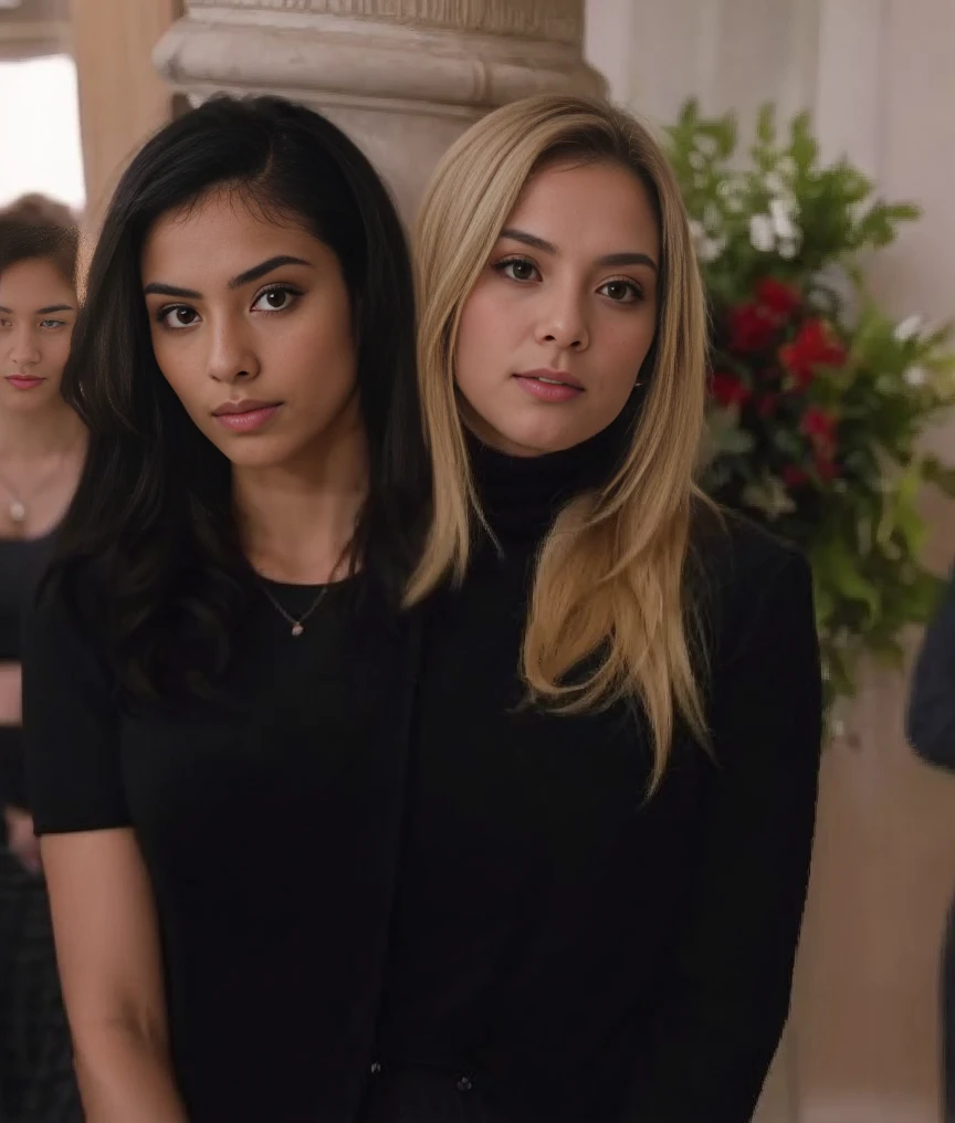  best resolution, close-up shot, woman with two heads, blonde german woman standing next to Indian woman, talking, turtle neck jacket, high-waist skirt, skyscraper background