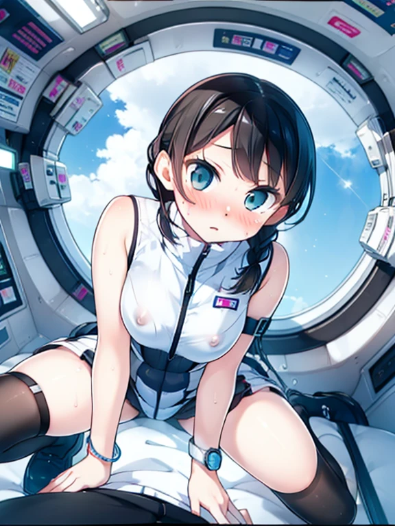 (Highest quality), (masterpiece), 1080P, High resolution, 4K, 8k, Inside the space station、Futuristic room、Thigh straps, Shooting from directly below, The woman on top of me, Nipples, 白いSweat, Covered , Sweat, Woman looking down, Skirt swimsuit, Thigh-high socks, To achieve this, , , whole body, Black leather shoes, Braided hair, Inner Color, Embarrassed face, Short black hair, bracelet, Bedroom,celestial body_Vest