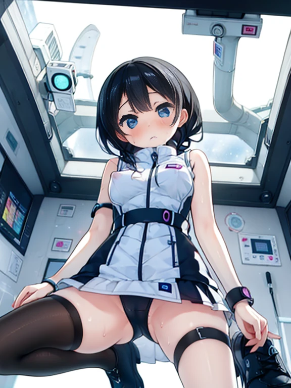 (Highest quality), (masterpiece), 1080P, High resolution, 4K, 8k, Inside the space station、Futuristic room、Thigh straps, Shooting from directly below, The woman on top of me, Nipples, 白いSweat, Covered , Sweat, Woman looking down, Skirt swimsuit, Thigh-high socks, To achieve this, , , whole body, Black leather shoes, Braided hair, Inner Color, Embarrassed face, Short black hair, bracelet, Bedroom,celestial body_Vest