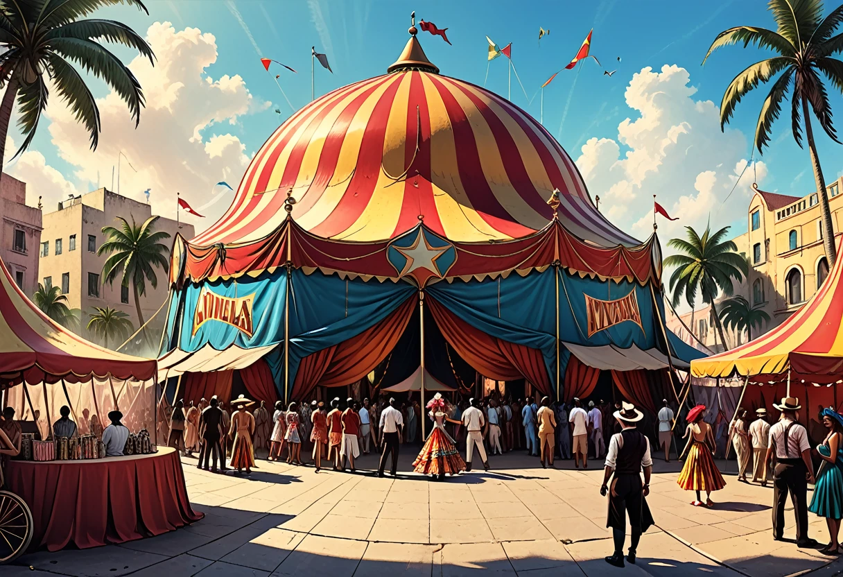 circus fabric dome on the square of a tropical city, giant triangular circus fabric dome, palm trees, street, people, magician, clowns, gypsy dancers, city square, graphic style of novel comics, 2d, 8k, hyperrealism, masterpiece, high resolution, best quality, ultra-detailed, super realistic, Hyperrealistic art, high-quality, ultra high res, highest detailed, lot of details, Extremely high-resolution details, incredibly lifelike, colourful, soft cinematic light,
