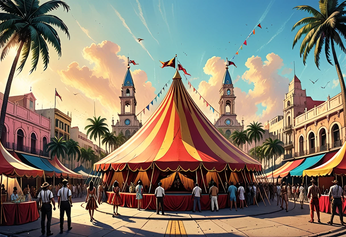 circus fabric dome on the square of a tropical city, giant triangular circus fabric dome, palm trees, street, people, magician, clowns, gypsy dancers, city square, graphic style of novel comics, 2d, 8k, hyperrealism, masterpiece, high resolution, best quality, ultra-detailed, super realistic, Hyperrealistic art, high-quality, ultra high res, highest detailed, lot of details, Extremely high-resolution details, incredibly lifelike, colourful, soft cinematic light,