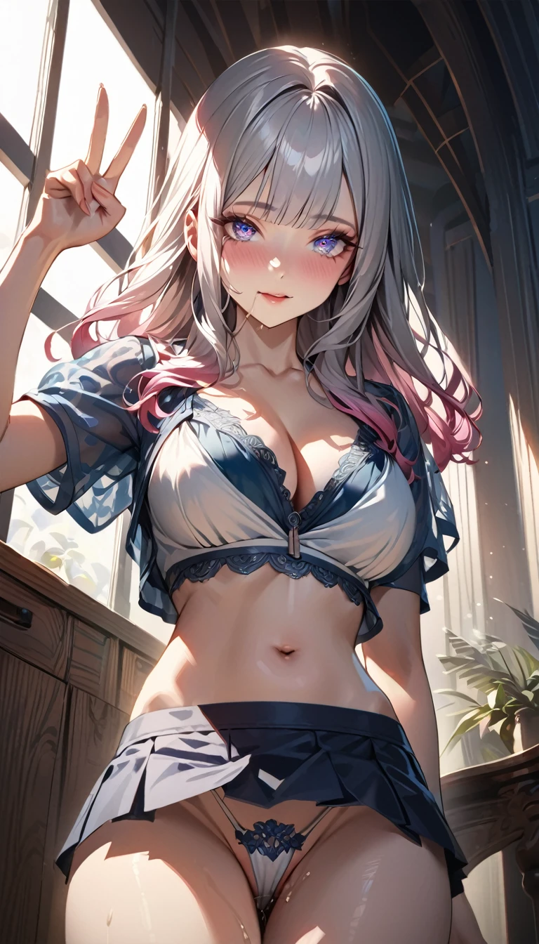 Masterpiece、最high quality、high quality、High definition、High resolution、High detail、Lens flare、Ray tracing method、high qualityの質感、high qualityの影、Beautiful details、Detailed and delicate、Detailed texture、Realistic facial expression、Realistic and colorful、Delicate、Cinematic Light、Side light、Sharp Focus、(1 woman:1.3)、(Intricate details、Makeup、Pure Eros Face_v1:0.5)、(Details Beautiful delicate face、Detailed beautiful delicate eyes、Perfect Facial Proportions、Detailed skin、Charm)、fancy hairstyles、Beautiful bangs、(Two-tone gradient hair color)、slender、(Upturned beautiful breasts)、Raise your arm and make a peace sign、Detailed crotch、Female juice、(Experiencing the best orgasm)、Light-colored mini bra、Light-colored V-cut、Light-colored thong、Thigh mini skirt、Low-rise mini skirt、Blouson、Crop top、Low-angle composition