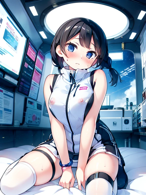 (Highest quality), (masterpiece), 1080P, High resolution, 4K, 8k, Inside the space station、Futuristic room、Thigh straps, Shooting from directly below, The woman on top of me, Nipples, 白いSweat, Covered , Sweat, Woman looking down, Skirt swimsuit, Thigh-high socks, To achieve this, , , whole body, Black leather shoes, Braided hair, Inner Color, Embarrassed face, Short black hair, bracelet, Bedroom,celestial body_Vest
