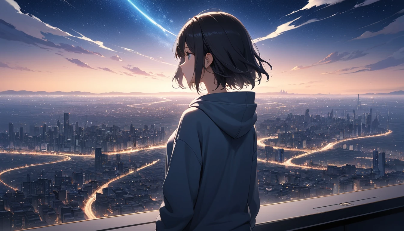 Starry Sky、One woman、Black Hair、Short Hair、Hair blowing in the wind、Wearing a hoodie、Back view、Full body portrait、Overlooking the city from afar