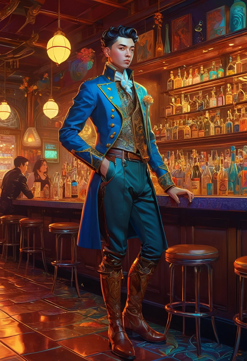 Steampunk waiter with brown leather boots, full body, standing,  brings worms to other birds in fancy clothes in a neon bar, digital painting, digital illustration, extreme detail, digital art, 4k, ultra hd, victo ngai, james jean, felix kelly, beautiful, josan gonzalez, maria sibylla merian, james jean, beautiful d&d character portrait, colorful fantasy, detailed, realistic face, full digital portrait, intricate armor, fiverr dnd character, wlop, stanley artgerm lau, ilya kuvshinov, artstation, hd, octane render, hyperrealism,
