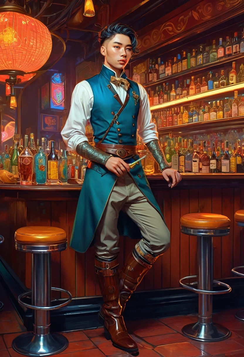 Steampunk waiter with brown leather boots, full body, standing, brings worms to other birds in fancy clothes in a neon bar, digital painting, digital illustration, extreme detail, digital art, 4k, ultra hd, victo ngai, james jean, felix kelly, beautiful, josan gonzalez, maria sibylla merian, james jean, beautiful d&d character portrait, colorful fantasy, detailed, realistic face, full digital portrait, intricate armor, fiverr dnd character, wlop, stanley artgerm lau, ilya kuvshinov, artstation, hd, octane render, hyperrealism,