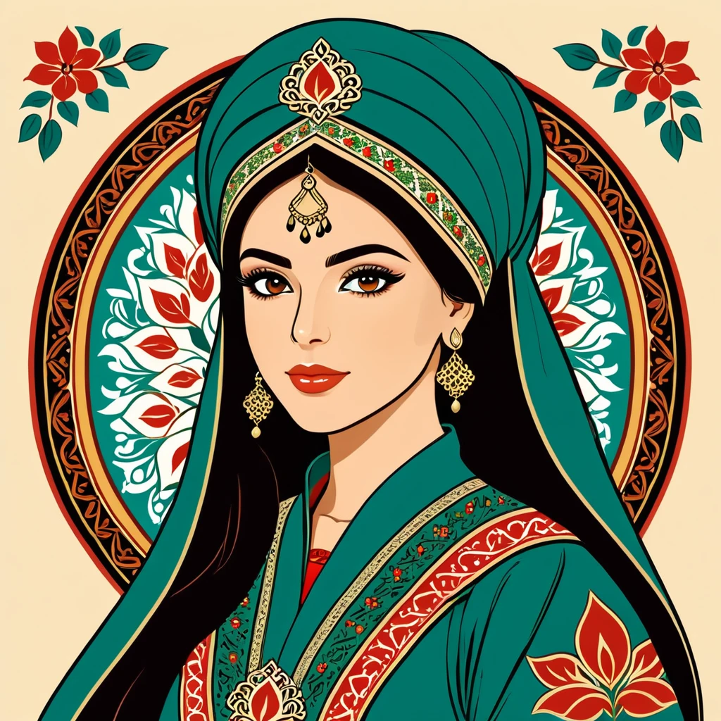 woman in iran folk outfit, vector graphics, strong contours, logo design
