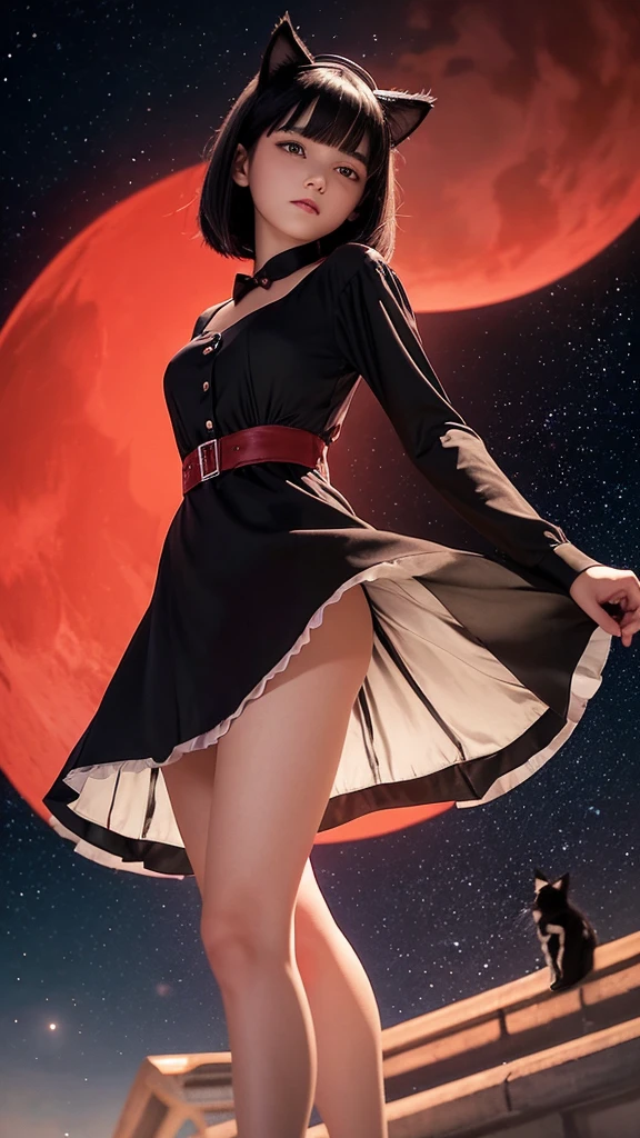 Delicate and dainty young woman with shiny bob-cut black hair and real cat ears. She is wearing red only dress with mini-skirt. The background is a fantastic and ethereal night sky that seems to be haunted by a specter. Her expression is stern and atmospheric. , real photo style, beautiful face, stockings,