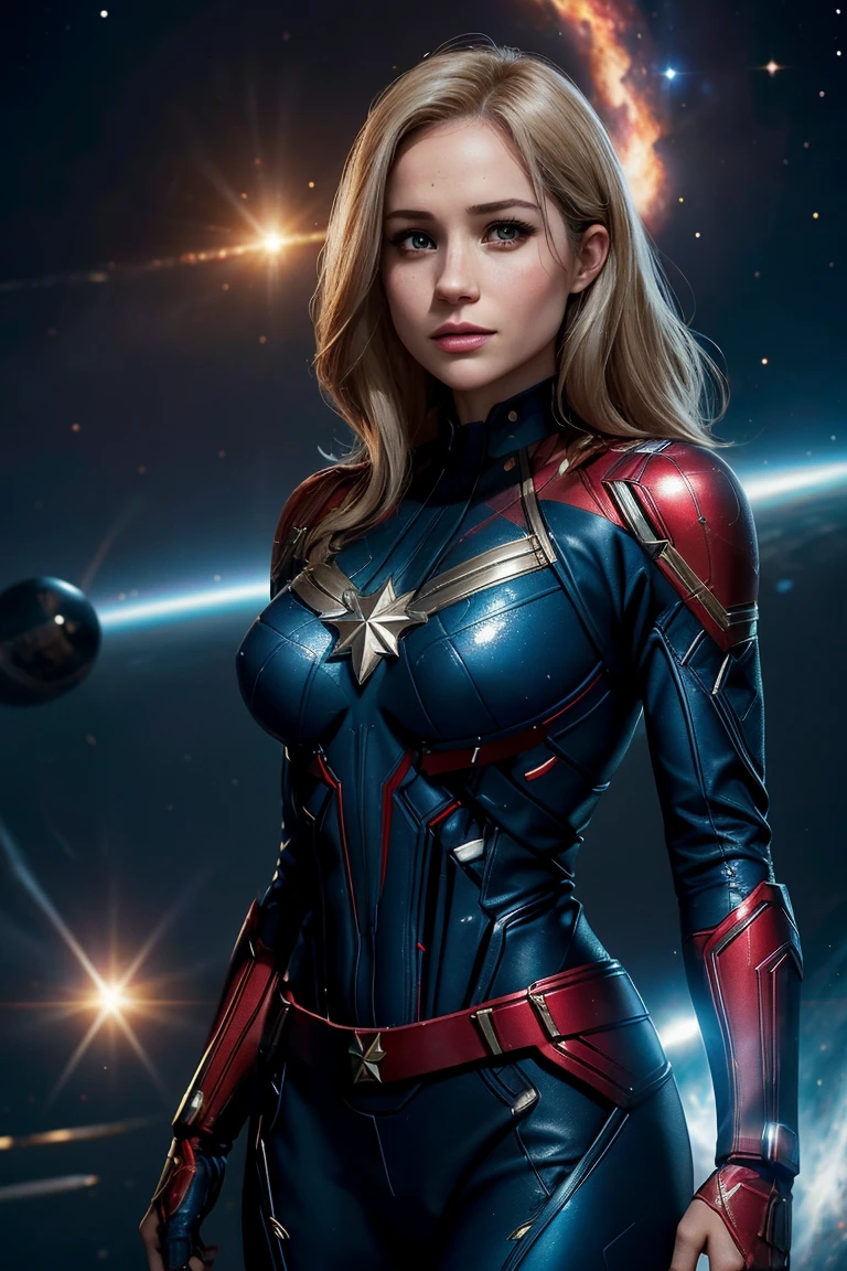 Meghan Markle, wearing Captain Marvel costume sexy clothes transparent. Visible nipples, professionally retouched, soft lighting, realistic, smooth face, perfect eyes, sharp focus on eyes, 8 k, high definition, insanely detailed, intricate, elegant. in a cosmic setting, outer space, galaxies, nebula, 