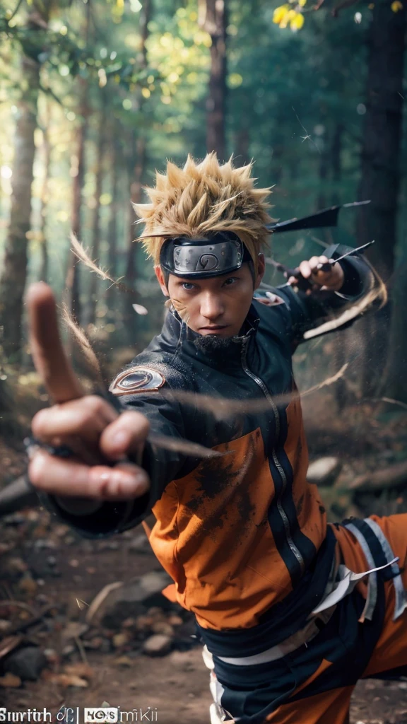 Create a hyper-realistic live-action depiction of Naruto Uzumaki from 'Naruto Shippuden,' portrayed as a young man with spiky blonde hair, engaging in a shuriken duel with an enemy. Naruto should be dressed in a rugged, lifelike version of his orange and blue ninja outfit, including a functional forehead protector. Capture the intensity of the moment, with Naruto mid-action, throwing a shuriken with determination in his eyes. His enemy, also depicted in a realistic and detailed ninja outfit, should be in a dynamic pose, ready to counter or throw their own shuriken. Focus on hyper-realistic textures for their skin, hair, and clothing, ensuring they resemble real-life materials and fabrics. Adjust the lighting and shadows to replicate natural outdoor lighting, with accurate and dynamic shadows. The background should feature a realistic, detailed landscape, whether it be a forest, a training ground, or a battlefield, with realistic depth and perspective. Integrate realistic elements such as natural variations in the environment, dynamic poses, and lifelike details to avoid a 3D appearance. Apply subtle color adjustments and texture enhancements to make the scene look like a live-action photograph, blending all elements seamlessly