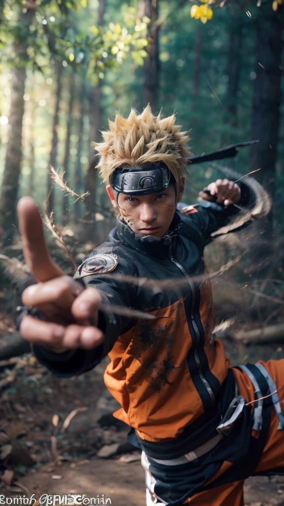 Create a hyper-realistic live-action depiction of Naruto Uzumaki from 'Naruto Shippuden,' portrayed as a young man with spiky blonde hair, engaging in a shuriken duel with an enemy. Naruto should be dressed in a rugged, lifelike version of his orange and blue ninja outfit, including a functional forehead protector. Capture the intensity of the moment, with Naruto mid-action, throwing a shuriken with determination in his eyes. His enemy, also depicted in a realistic and detailed ninja outfit, should be in a dynamic pose, ready to counter or throw their own shuriken. Focus on hyper-realistic textures for their skin, hair, and clothing, ensuring they resemble real-life materials and fabrics. Adjust the lighting and shadows to replicate natural outdoor lighting, with accurate and dynamic shadows. The background should feature a realistic, detailed landscape, whether it be a forest, a training ground, or a battlefield, with realistic depth and perspective. Integrate realistic elements such as natural variations in the environment, dynamic poses, and lifelike details to avoid a 3D appearance. Apply subtle color adjustments and texture enhancements to make the scene look like a live-action photograph, blending all elements seamlessly