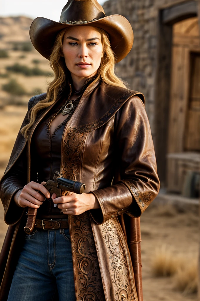 gorgeous Cersei Lannister as stereotypical Western gunslinger, leather, cowboy hat, holding revolver, Western inspired, detailed textures, sharp focus, ultra-high pixel detail, 16k RAW footage, masterpiece