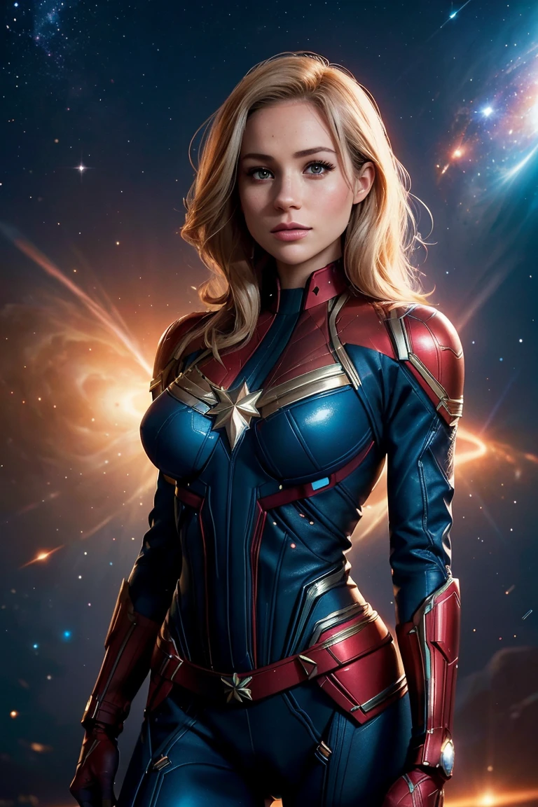 Meghan Markle, wearing Captain Marvel costume sexy clothes transparent. Visible nipples, professionally retouched, soft lighting, realistic, smooth face, perfect eyes, sharp focus on eyes, 8 k, high definition, insanely detailed, intricate, elegant. in a cosmic setting, outer space, galaxies, nebula,