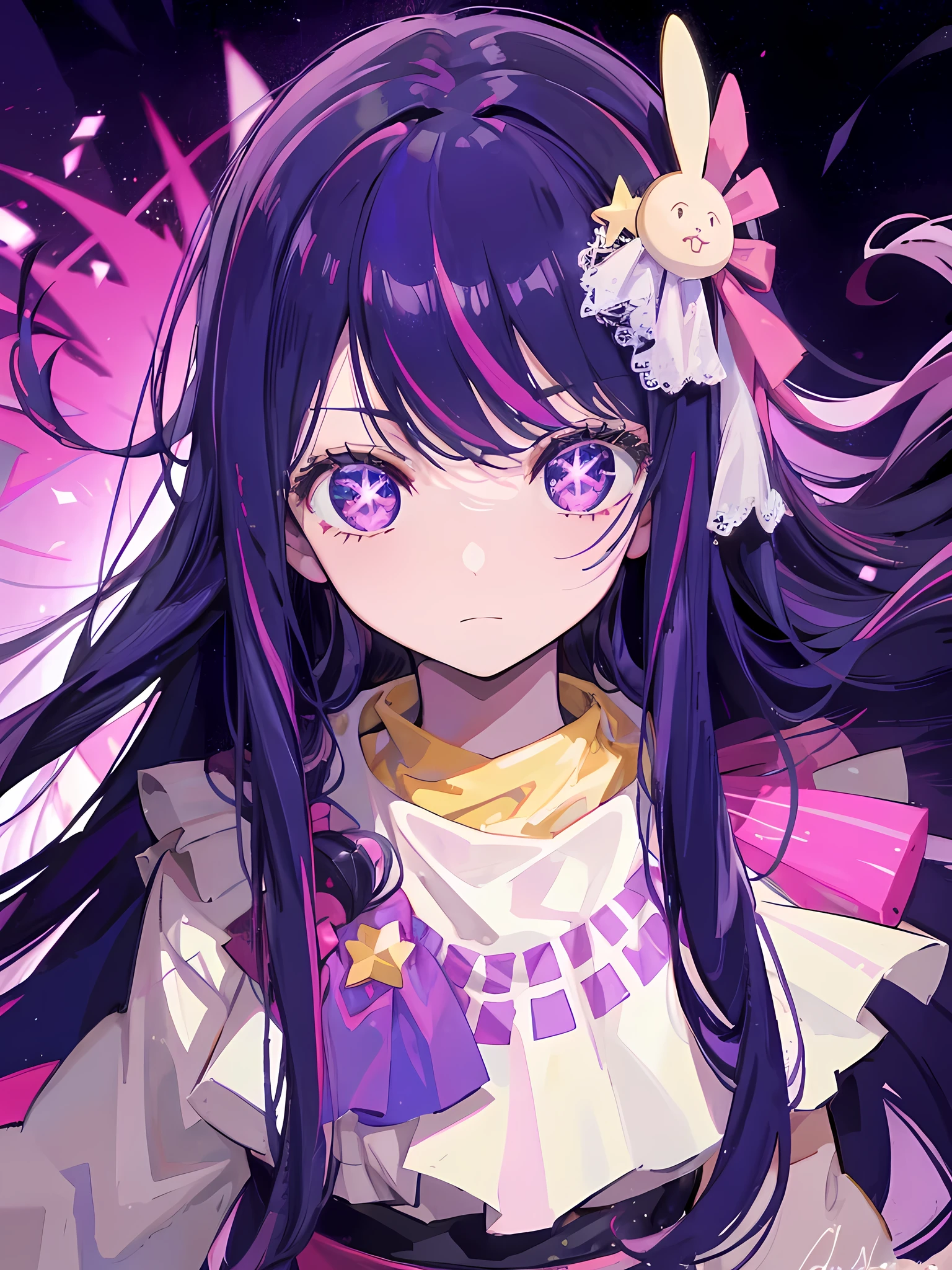 Hoshino Ai, long hair, purple hair, streaked hair ,purple eyes, star-shaped pupils, hair ornament, city, high resolution, 8k, absurdres, looking at review