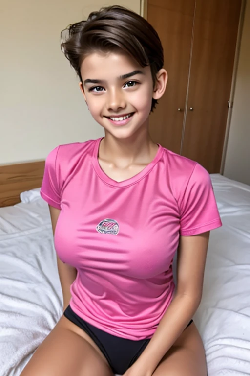 A 14 year old beautiful and slim girl in short hair wearing very tight pink tshirt. Tomboy hair style. Her big breasts can be seen. Sitting on a bed. Smile. Horny. Sexy.