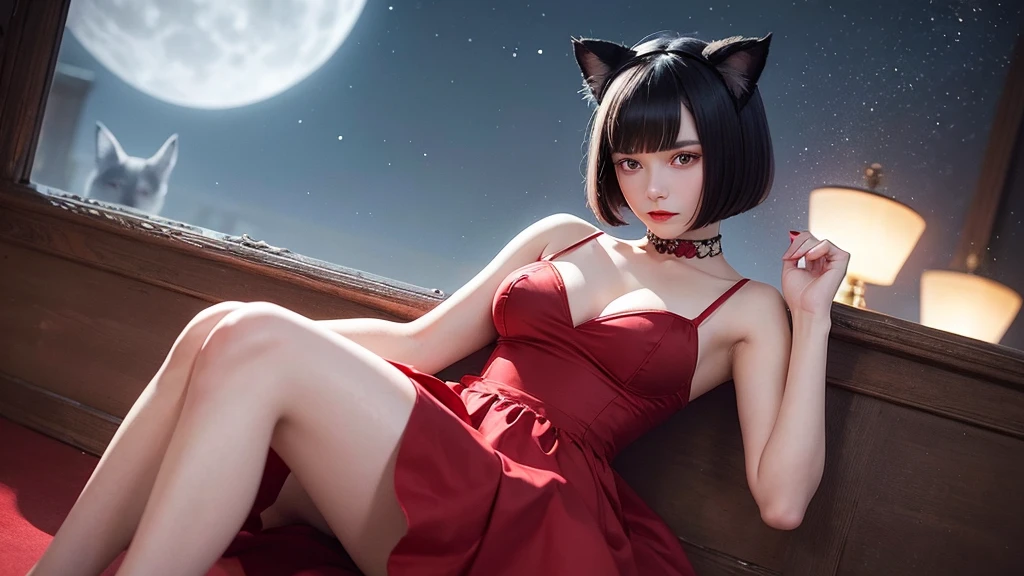 Delicate and dainty young woman with shiny bob-cut black hair and real cat ears. She is wearing red only dress with mini-skirt. The background is a fantastic and ethereal night sky that seems to be haunted by a specter. Her expression is stern and atmospheric. , real photo style, beautiful face, stockings,