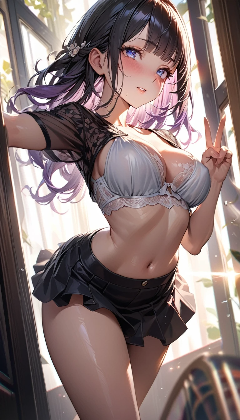 Masterpiece、最high quality、high quality、High definition、High resolution、High detail、Lens flare、Ray tracing method、high qualityの質感、high qualityの影、Beautiful details、Detailed and delicate、Detailed texture、Realistic facial expression、Realistic and colorful、Delicate、Cinematic Light、Side light、Sharp Focus、(1 woman:1.3)、(Intricate details、Makeup、Pure Eros Face_v1:0.5)、(Details Beautiful delicate face、Detailed beautiful delicate eyes、Perfect Facial Proportions、Detailed skin、Charm)、fancy hairstyles、Beautiful bangs、(Two-tone gradient hair color)、slender、(Upturned beautiful breasts)、Raise your arm and make a peace sign、Detailed crotch、Female juice、(Experiencing the best orgasm)、Light-colored mini bra、Micro Mini、Light-colored V-cut、Light-colored thong、Thigh mini skirt、Low-rise mini skirt、Blouson、Crop top、Low-angle composition