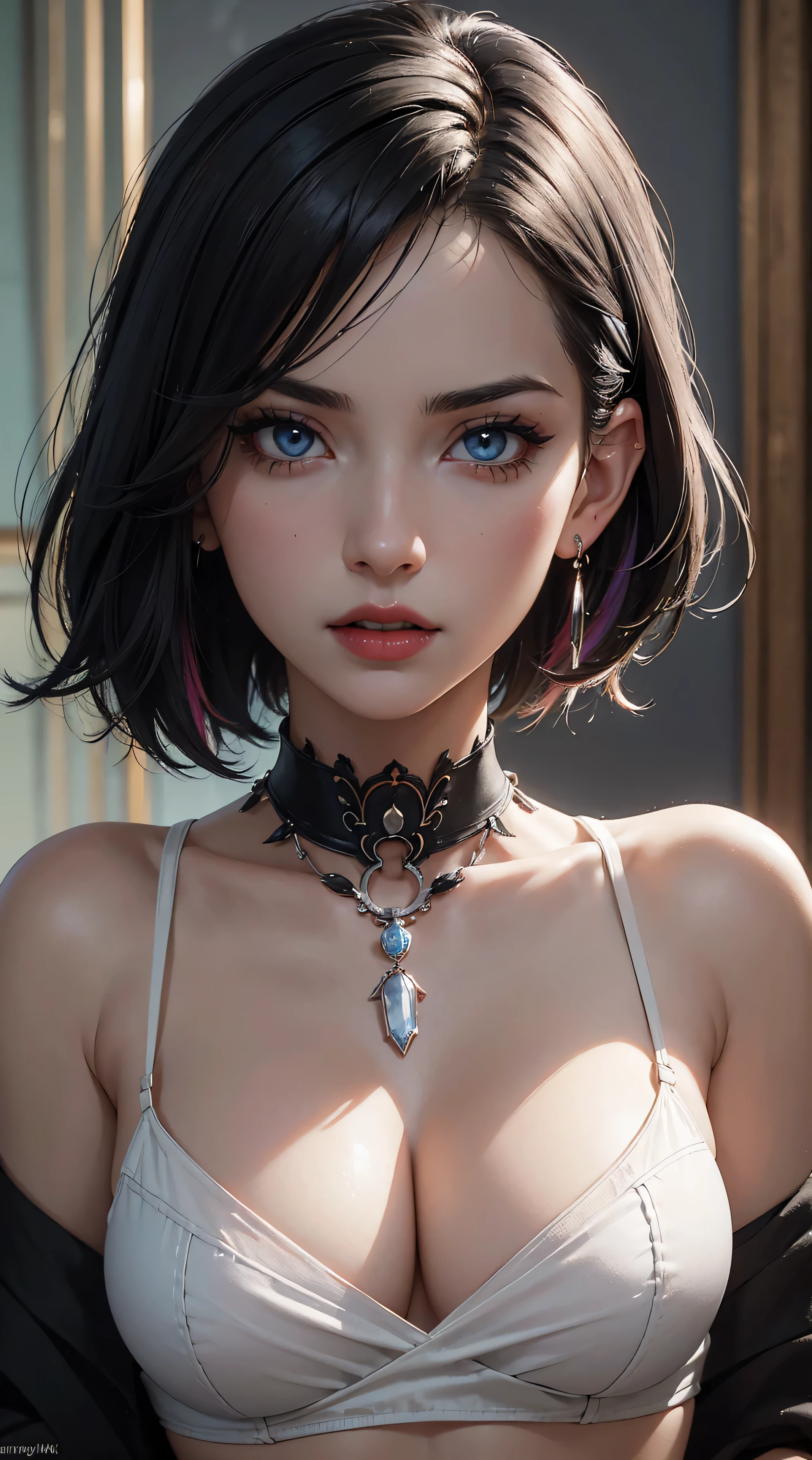 1 beautiful and sexy woman, pale white skin, bright blue eyes (vampire eyes), short hair, black and white hair, multicolored hair, perfect body, perfect abdomen, navel, black sleeveless shirt, cleavage, black plaid skirt and gray, makeup, eye shadow, eyeliner, red lips, earrings, bracelet, necklace, choker, hair band, sexy and provocative look and expression, (AM190_Brigitte:0.99), ((close-up portrait:1.3)), model shoot style, (extremely detailed CG unity 8k wallpaper), photo of the most beautiful work of art in the world, majestic professional, Atey Ghailan, Studio Ghibli, by Jeremy Mann, Greg Manchess, Antonio Moro, intricate, great detail, sharp focus, dramatic, photorealistic painting by midjourney and greg rutkowski, (looking at cameras), (((closeup of upper body))).