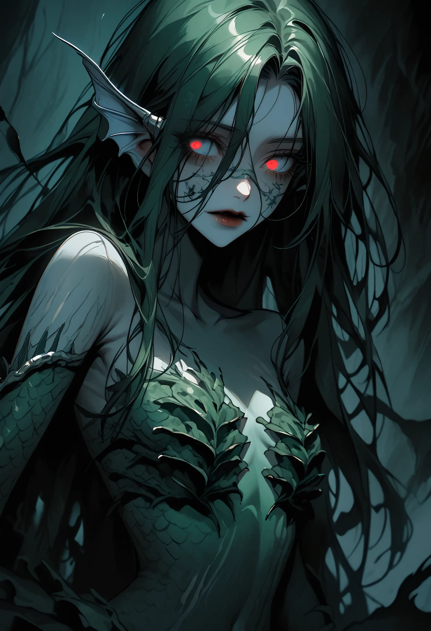 solo, female, silver rings, extremely long dark green hair, refracting eyes, long eyelashes:1.2, thin waist, curvaceous, seaweed bikini, extremely pale, mermaid, ear fins, seaweed skirt, gills, sinister, horror atmosphere, very dark, deep sea, ((undead)), abyssal, close up, swimming