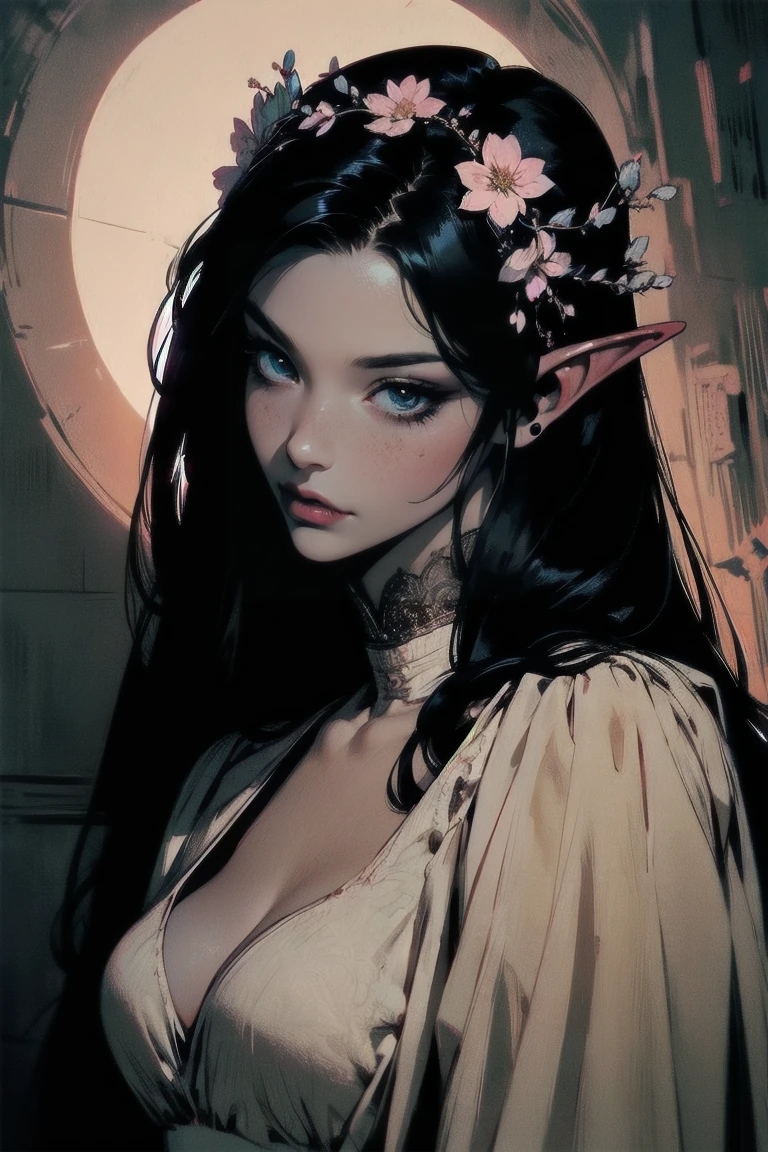 { - anatomy error}(Masterpiece - Ultra-detailed, very high resolution)moonlight, hyper-realistic of a mysterious woman with flowing black hair, ears of elf, piercing opal eyes, and a delicate floral crown, delicate smile, upper body, backwards, looking back, small neck, with chin on shoulder, detailed eyes, detailed hands, detailed face, detailed eyes, full body