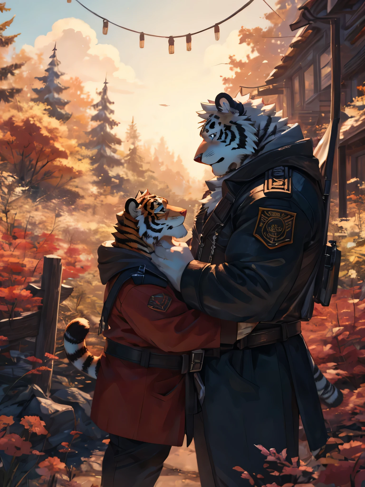 A strong white bear holds the hand of a fat little tiger，outdoors，it&#39;s clear，Happy atmosphere，Happy smile，Detailed facial painting:1.5，
