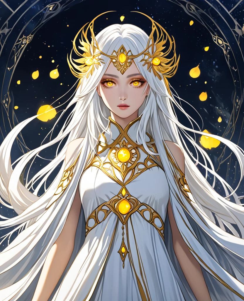 Create a character with striking white hair and vivid yellow eyes. She should exude an ethereal and mysterious aura, with her appearance hinting at otherworldly origins or magical abilities. Her clothing and accessories should complement her unique features, enhancing her enigmatic presence.