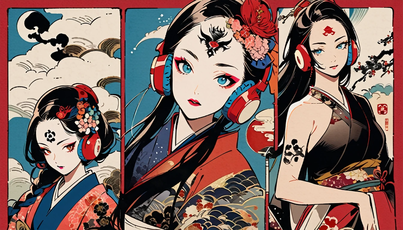 (((Ink painting))), Colorful fashion pictures, (((1 girl))), (((Tattoo in the center of the forehead))), (((Very glamorous hair accessories))), (((Very glamorous makeup))), Japanese style headphones, Japan人の美女, Black hair, Sensitive and precise, Modern Ukiyo-e style, Demon possession, Red sharingan eyes, Japan, Japanese flag, Red and blue background ,queen