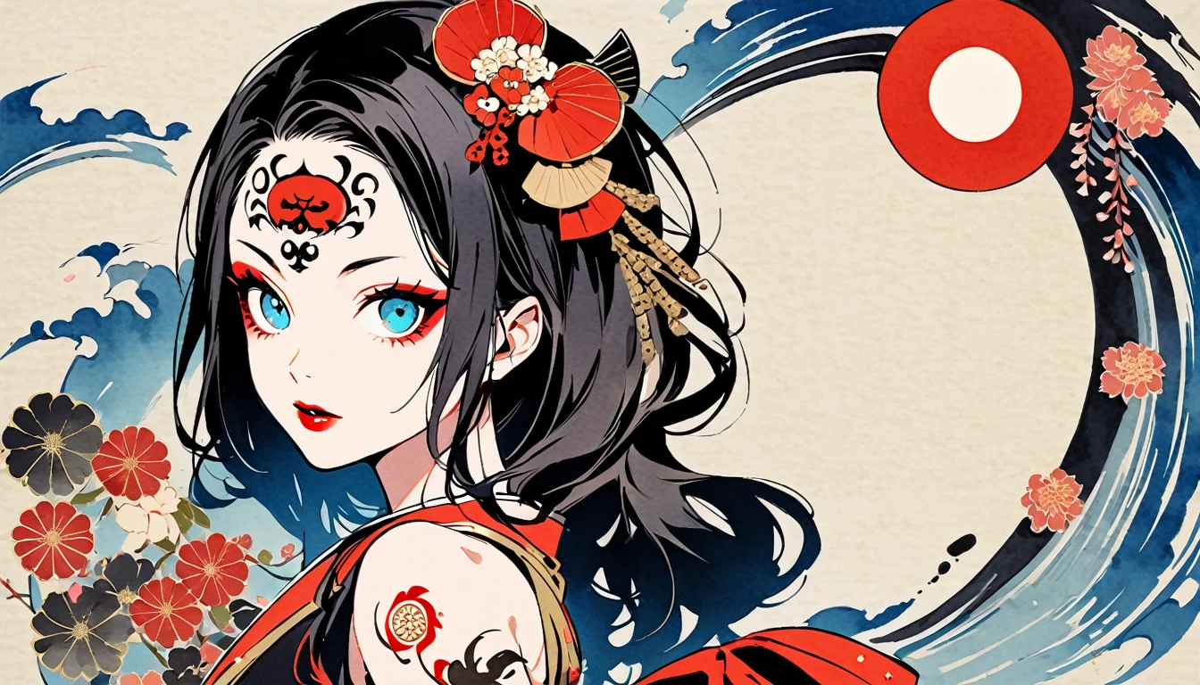 (((Ink painting))), Colorful fashion pictures, (((1 girl))), (((Tattoo in the center of the forehead))), (((Very glamorous hair accessories))), (((Very glamorous makeup))), Japanese style headphones, Japan人の美女, Black hair, Sensitive and precise, Modern Ukiyo-e style, Demon possession, Red sharingan eyes, Japan, Japanese flag, Red and blue background ,queen