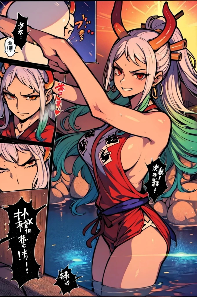 yamato one piece, leaving the hot spring, sexly, muscular, seducing smile, ((Woman)), (Kale), natta, natta sky
