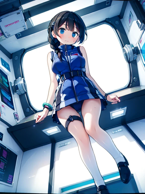 (Highest quality), (masterpiece), 1080P, High resolution, 4K, 8k, Inside the space station、Futuristic room、Thigh straps, Shooting from directly below, The woman on top of me, Nipples, 白いSweat, Covered , Sweat, Woman looking down, Skirt swimsuit, Thigh-high socks, To achieve this, , , whole body, Black leather shoes, Braided hair, Inner Color, Embarrassed face, Short black hair, bracelet, Bedroom,celestial body_Vest
