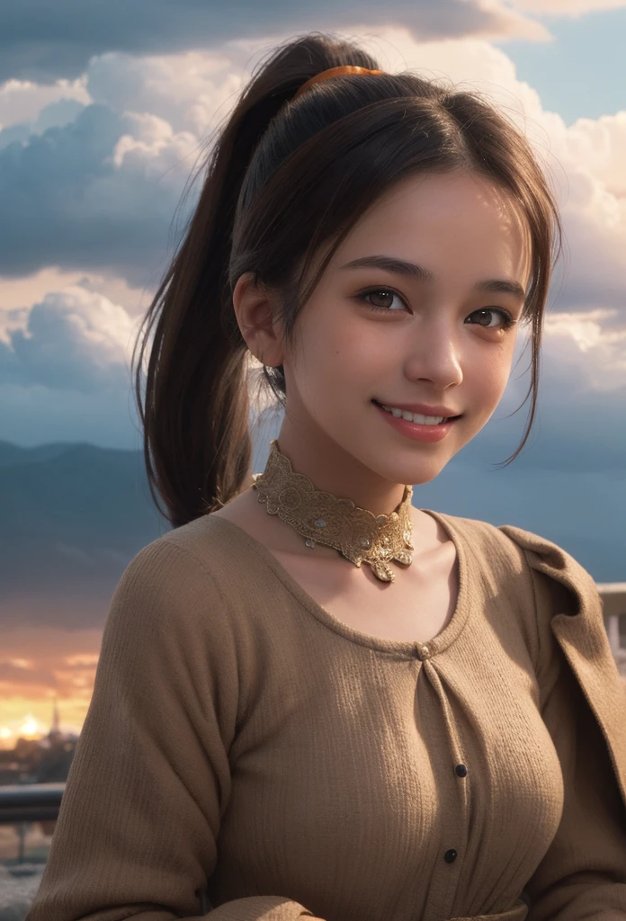 out of orange steam and clouds, a beautiful european girl with brown eyes. her face with a cute smile and little dimples, Ponytail, Masterpiece, Super Detailed, Cinematic Lighting, UHD, Anatomically Correct, Retina, 35mm, 