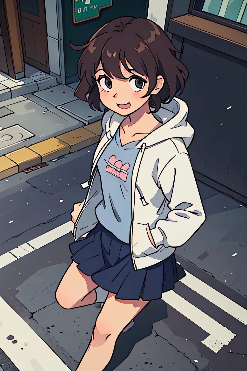 (Highest quality:0.8) Perfect anime illustration, cute, Happy woman with short curly brown hair on a city street, Wearing a hoodie, skirt