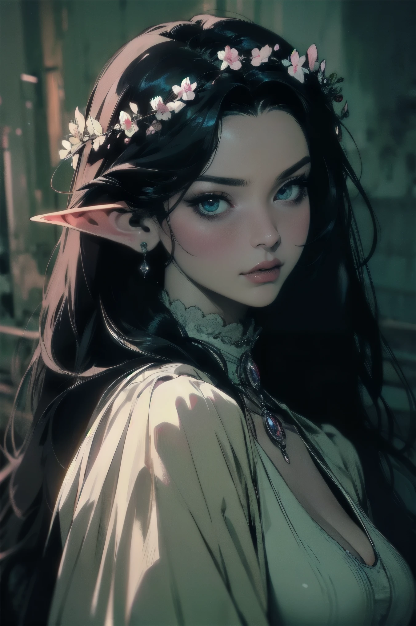 { - anatomy error}(Masterpiece - Ultra-detailed, very high resolution)moonlight, hyper-realistic of a mysterious woman with flowing black hair, ears of elf, piercing opal eyes, and a delicate floral crown, delicate smile, upper body, backwards, looking back, small neck, with chin on shoulder, detailed eyes, detailed hands, detailed face, detailed eyes, full body