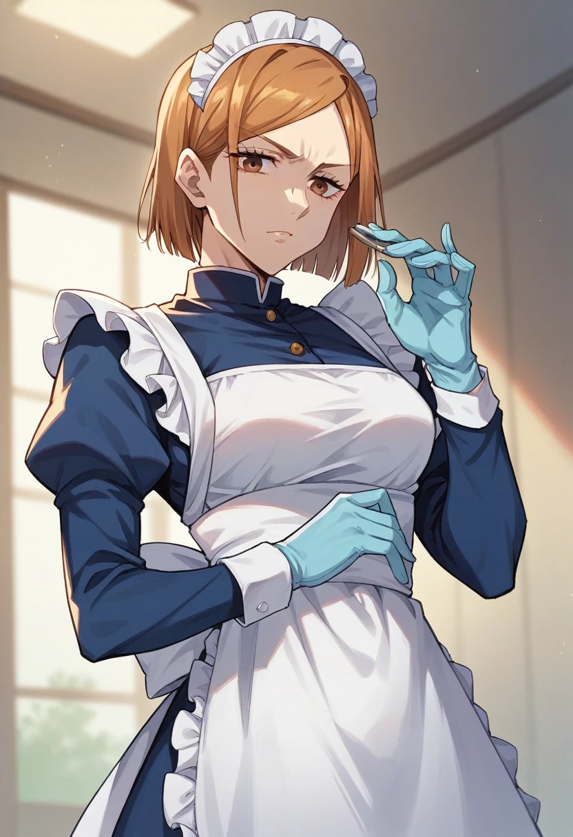 1girl, nobara kugisaki \(jujutsu kaisen\), ((blue medical gloves)), (maid uniform), ((long sleeves)), looking at viewer, standing, solo