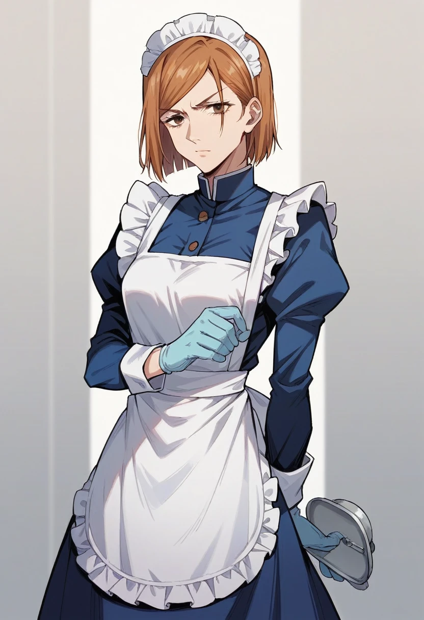 1girl, nobara kugisaki \(jujutsu kaisen\), ((blue medical gloves)), (maid uniform), ((long sleeves)), looking at viewer, standing, solo