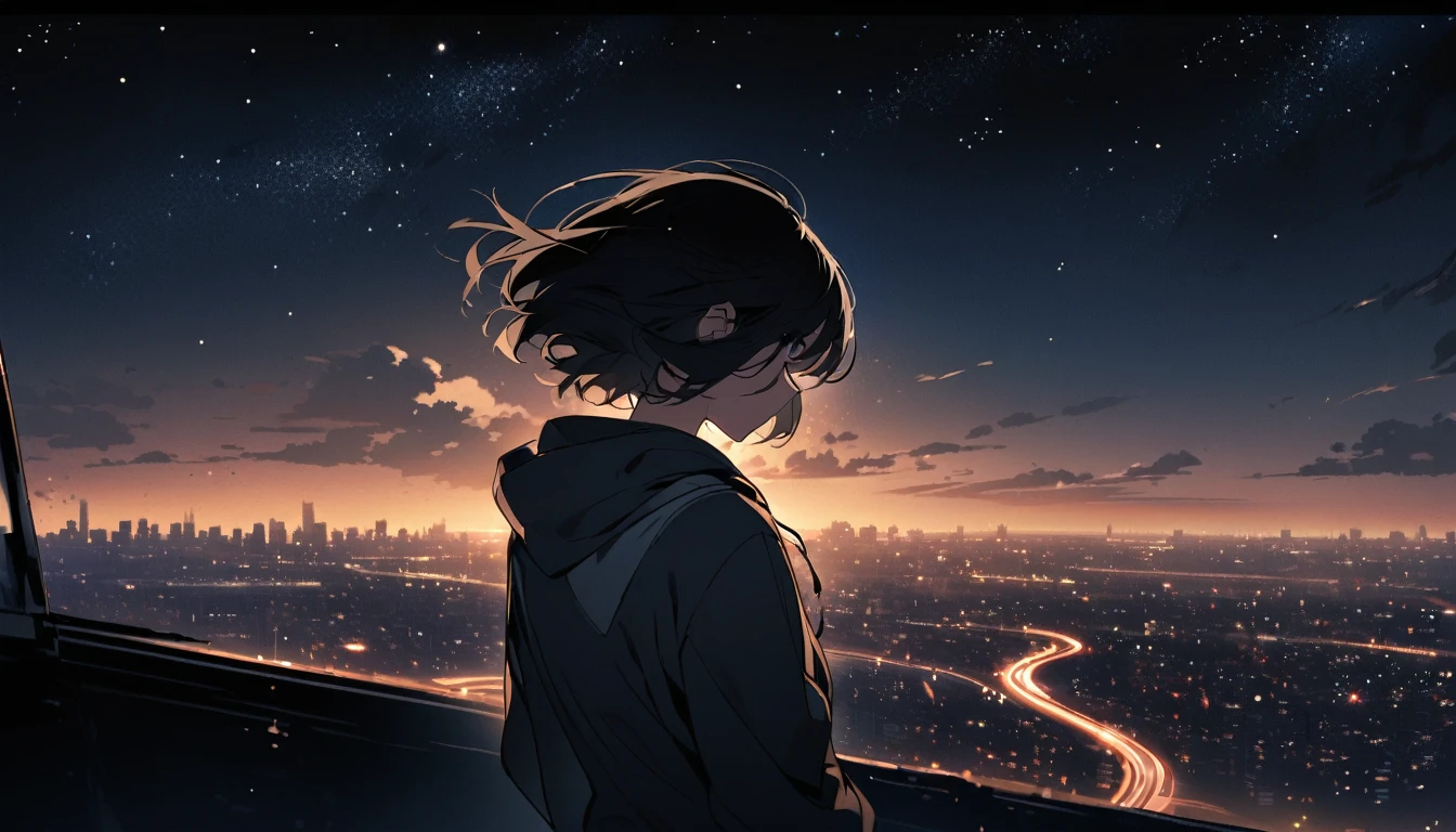 Starry Sky、One woman、Black Hair、Short Hair、Hair blowing in the wind、Wearing a hoodie、Back view、Full body portrait、Overlooking the city from afar