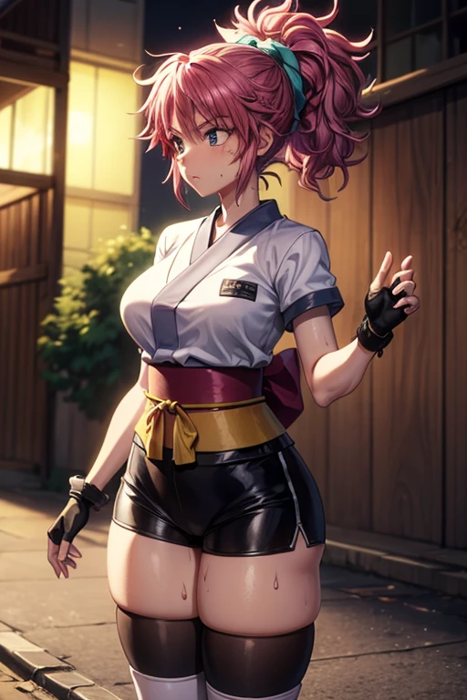 masterpiece, Highest quality,  Unreal Engine,  Super Resolution, Very detailed, 

Beautiful woman, machi, short kimono, obi, sash, fingerless gloves, bike shorts, socks,thighhighs,or, ponytail,hair_ornament, Vivid expression, Healthy Body, Smooth skin texture, Carefully drawn, 

(humidity:1.5), Beautiful Eyes, (Attractive face:1.2), (Beautiful Skin), Tight waist, (Big Breasts), (Sticky with sweat), Dynamic pose, 

In the world of Hunter Hunter, Outdoor, Slums at night,