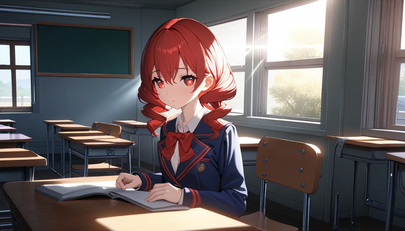 ((masterpiece, 最high quality, high quality, Very detailed CG uniform , Very detailed, Very detailed background)), Detailed eyes, Shiny Hair, Glowing Skin, Light Skin, (software), ((One Girl,school uniform,Place Left)), (Red hair, Twin Drill,Red eyes,School), (Innocent), (indoor, classroom, Sunlight streaming through the window.)