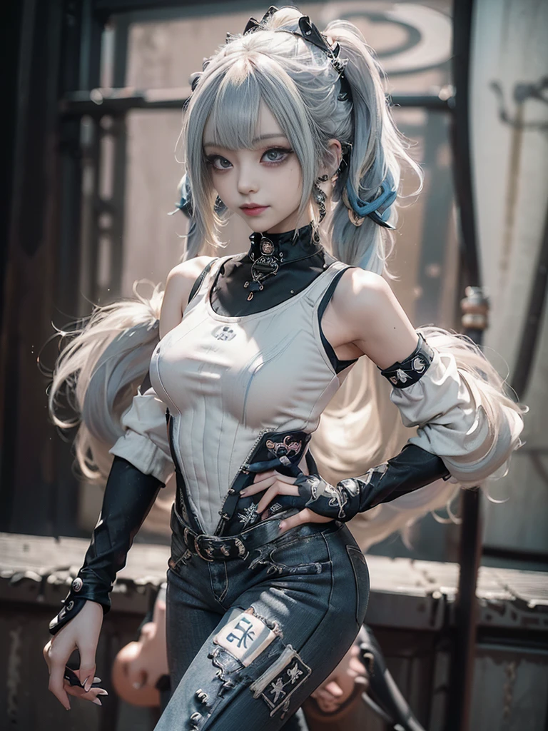 (Full body view:1.3)、(Full Body View:1.2)、(Smiling with teeth showing:1.3),(Shibuya Gal:1.5)、(Gothic Lolita style fashion:1.5)、(Punk RockVisual Kei:1.5)、(Wearing a rhythmic gymnastics bodysuit with intricate details:1.4)、(Racing suit and pants with delicate decorations in white, denim and charcoal:1.5)、(Denim and light blue and white boots:1.3)、((belt))、(Numerous delicate logo marks all over the costume:1.4)、(collar:1.3)、(Striped underwear:1.5)、20-year-old、NSFW、((Highest quality、In 8K、masterpiece:1.3))、Sharp focus:1.2、(Layered Cut、Huge boobs:1.1),Beautiful woman with perfect figure:1.4、(Dancing vigorously:1.3)、Slender Abs:1.2、Highly detailed face and skin texture、Detailed eyes、double eyelid,(Twin tails:1.3)、(Cream colored hair:1.3)、Gravure idol、(The background is the stage of the fashion show:1.3)、(Slim Body:1.3),(Make your legs thinner:1.4),(clavicle:1.1)、(Thin and slim thighs:1.3)
