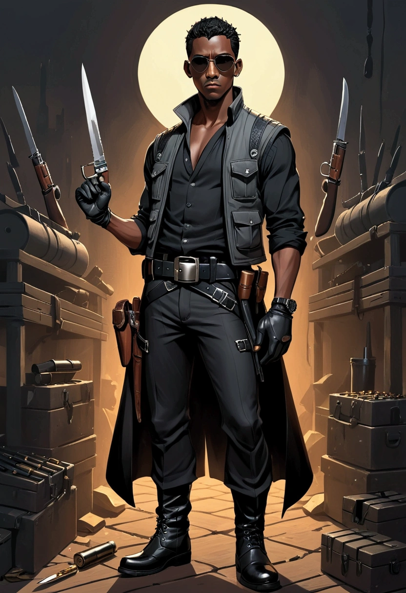 ((Artwork, 8K, dark lighting)), 1 man, dark skin, black hair, big nose, round sunglasses, wearing black shirt, gray vest, black gloves, black pants, black belt with ammunition pouches, knife holder on leg, wearing boots, serious look.