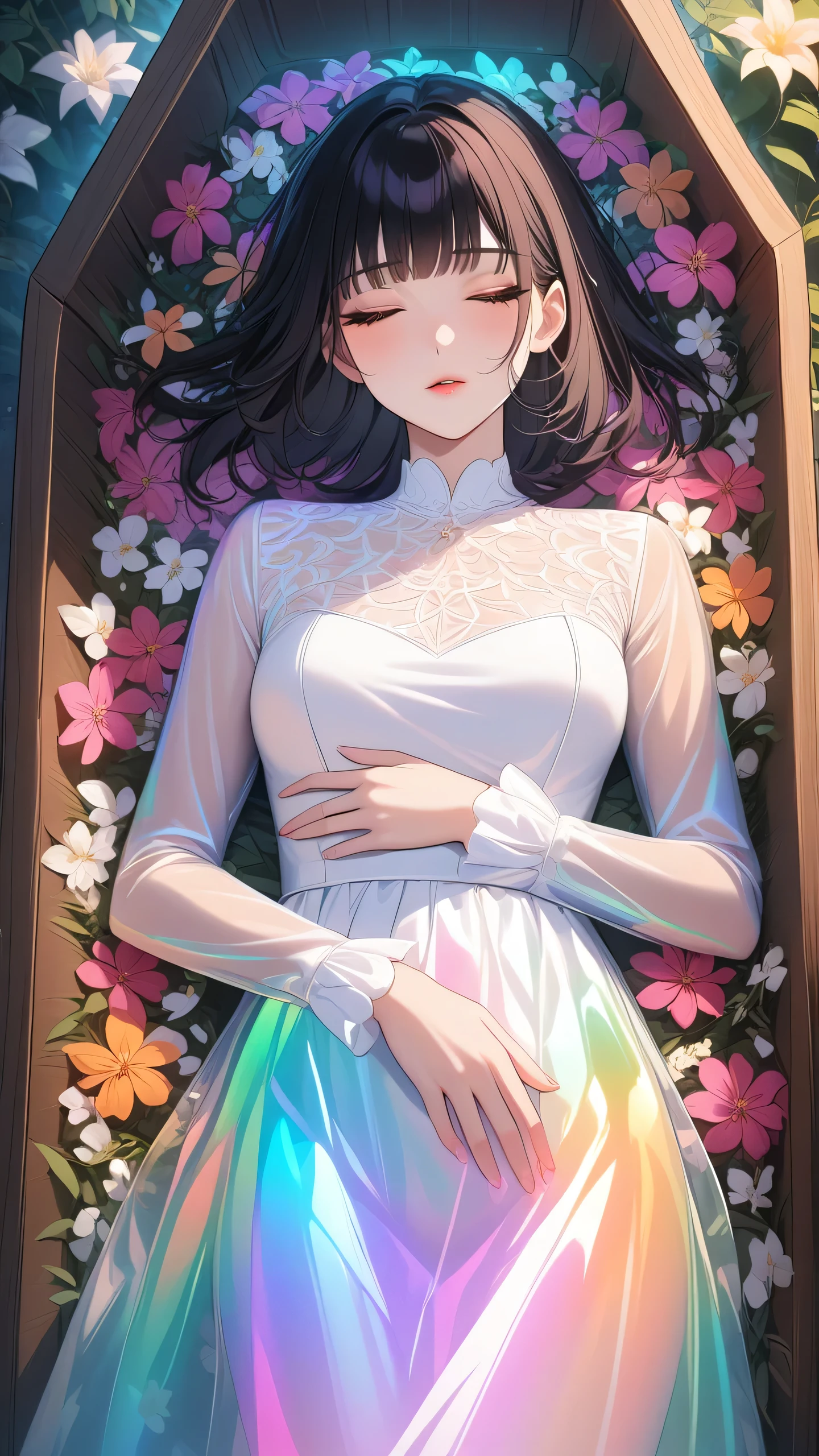masterpiece, best quality:1.3, 1girl, medium hair, black hair, blunt bangs, white long dress, long sleeves, hand on own stomach, spiders flowers, implied death, sleeping inside coffin , straight-on, transparent colorful vinyl clothing, detailed face, close eyes, beautiful detailed lips, long eyelashes, delicate facial features, expressive face, detailed skin texture, natural lighting, vibrant colors, cinematic lighting, soft focus, highly detailed Bestquality,masterpiece,transparentcolorPVCclothing,transparentcolorvinylclothing,prismatic,holographic,chromaticaberration,