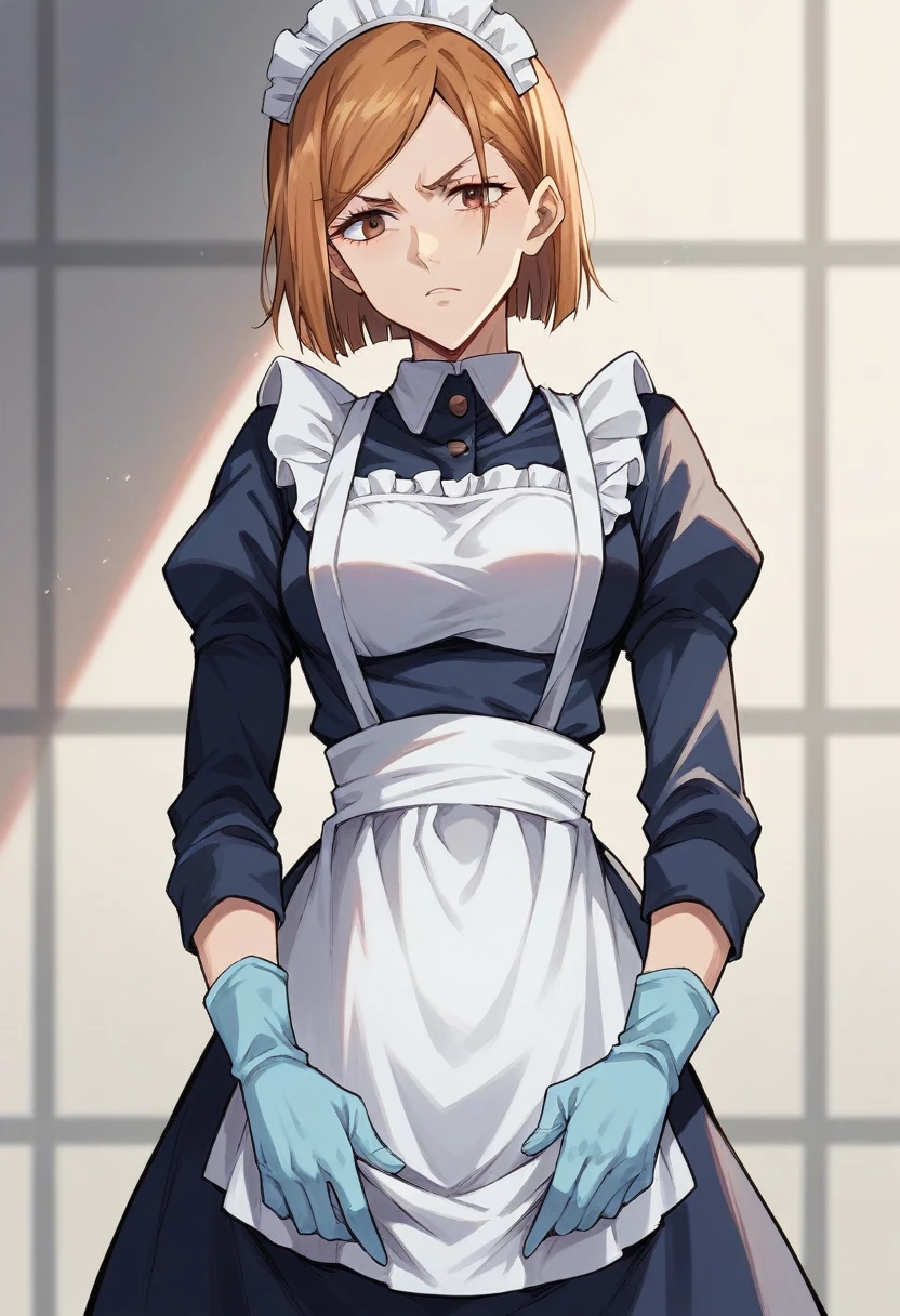 1girl, nobara kugisaki \(jujutsu kaisen\), ((blue medical gloves)), (black maid uniform), ((long sleeves)), looking at viewer, standing, solo

